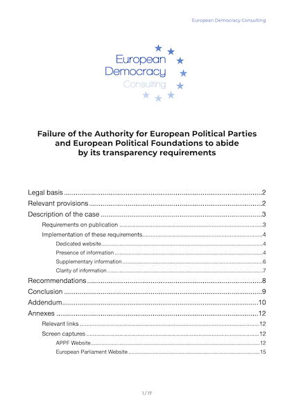 EDC report on complaint to the European Ombudsman against Authority for European Parties 