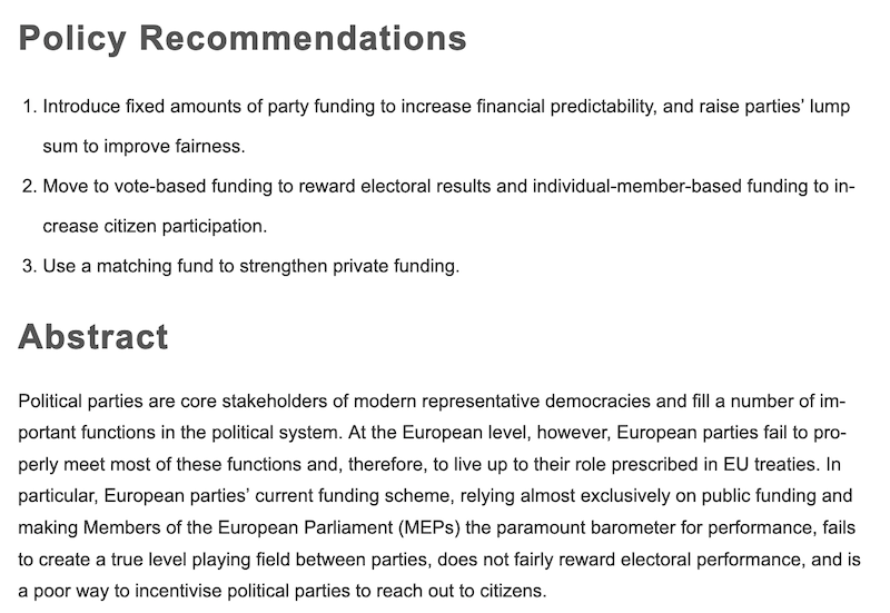 Policy recommendations for the reform of the funding of European parties